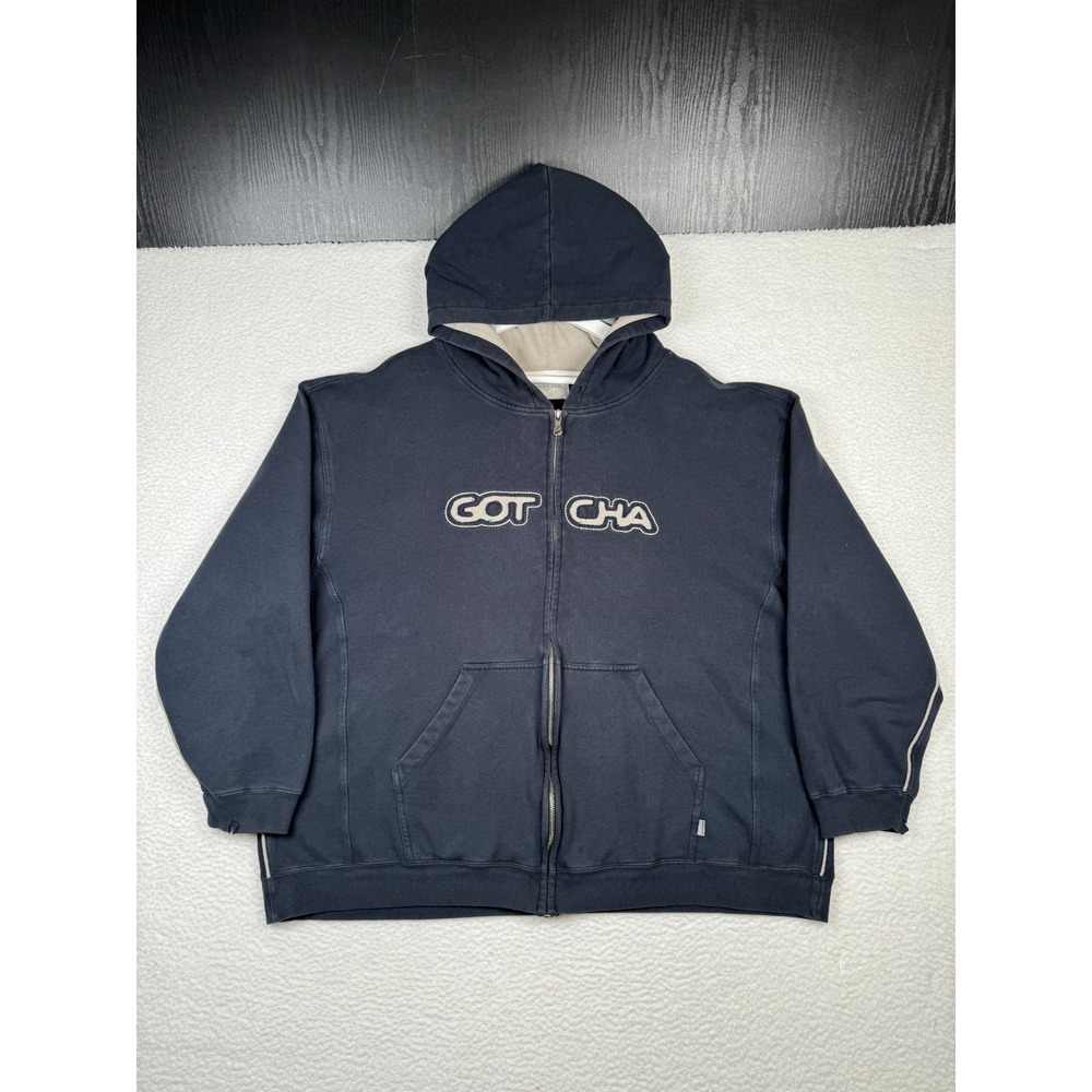 Vintage 90s Gotcha Hoodie Mens 2XL Navy Spellout Logo Long Sleeve Full Zip